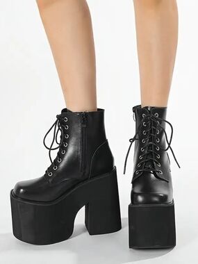 Platform Lace-Up Ankle Boots, Black